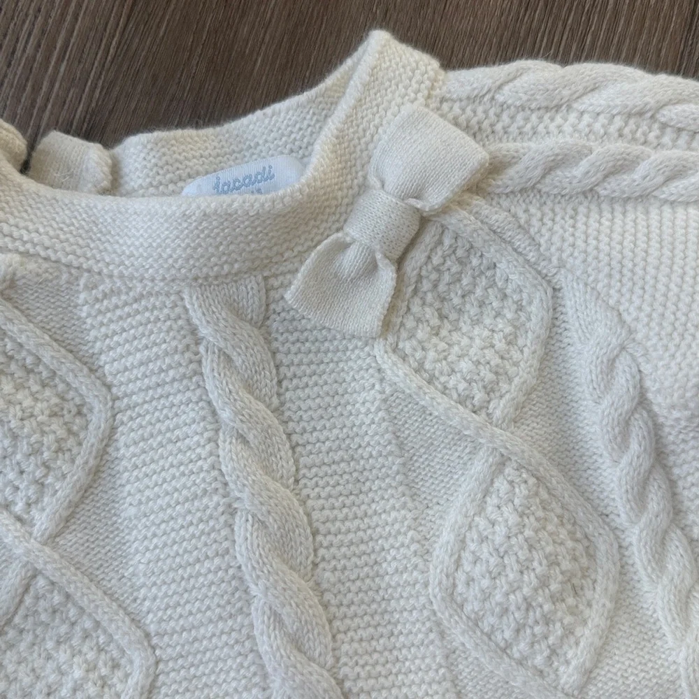 Jacadi cream cable knit bow embellished baby girl cotton wool blend dress 6m